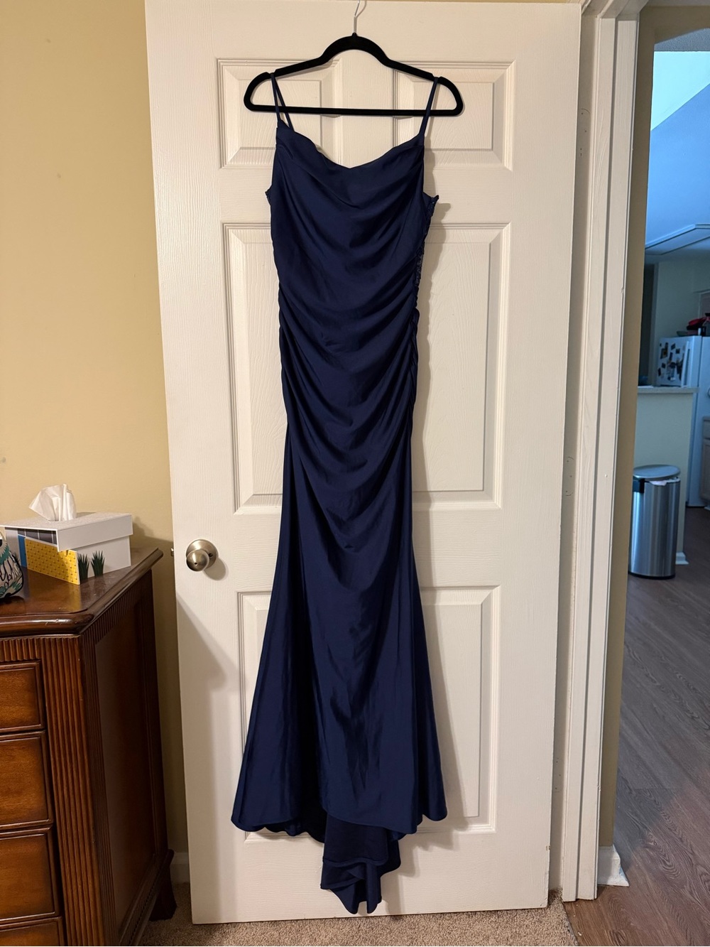 Windsor Navy Cowl Neck Spaghetti Strap High-Low Gown